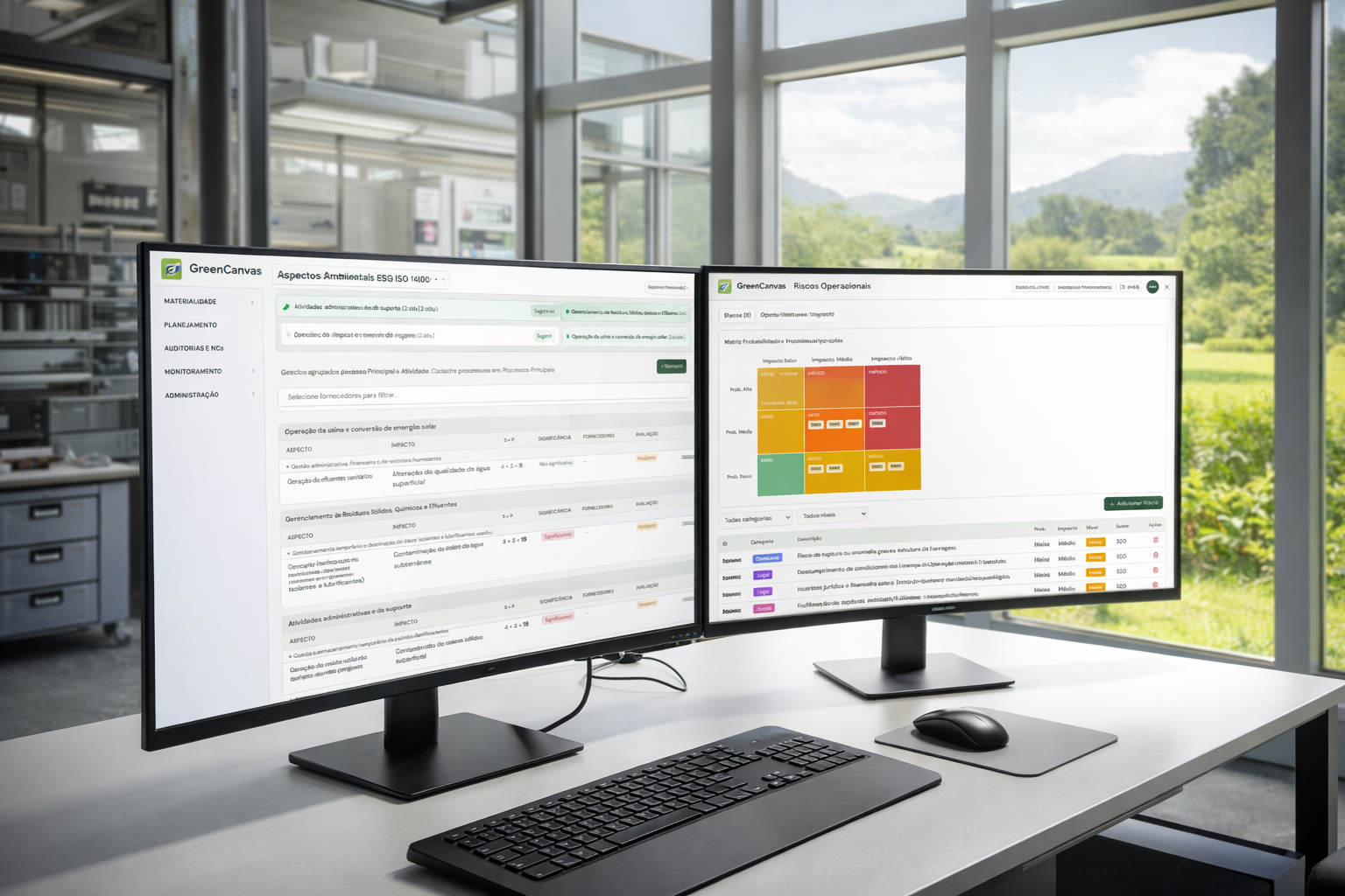 Telas do GreenCanvas abertas em dois monitores, com matriz de riscos e aspectos ambientais