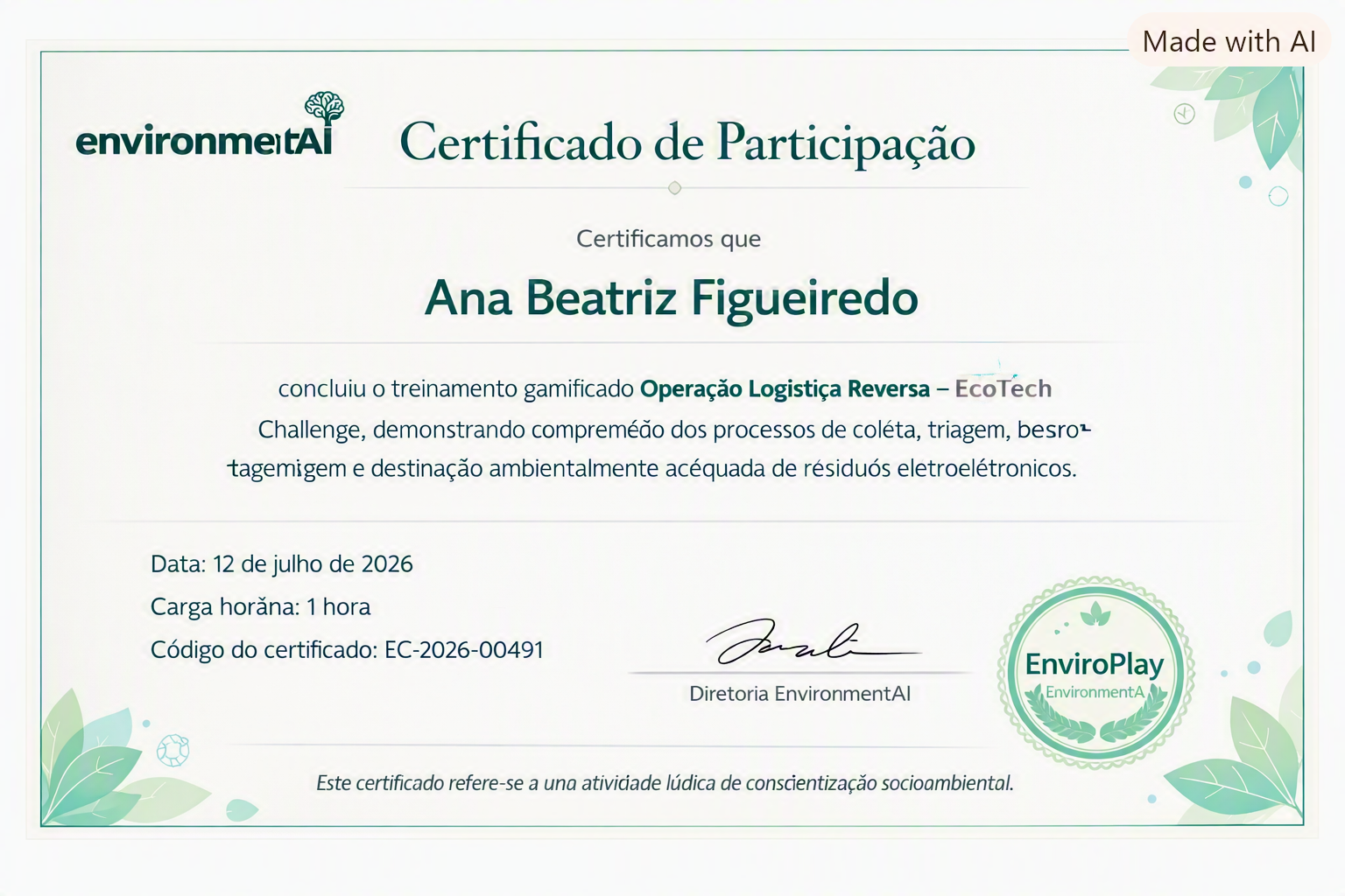 Modelo de certificado de participação emitido ao final de um treinamento do EnviroPlay