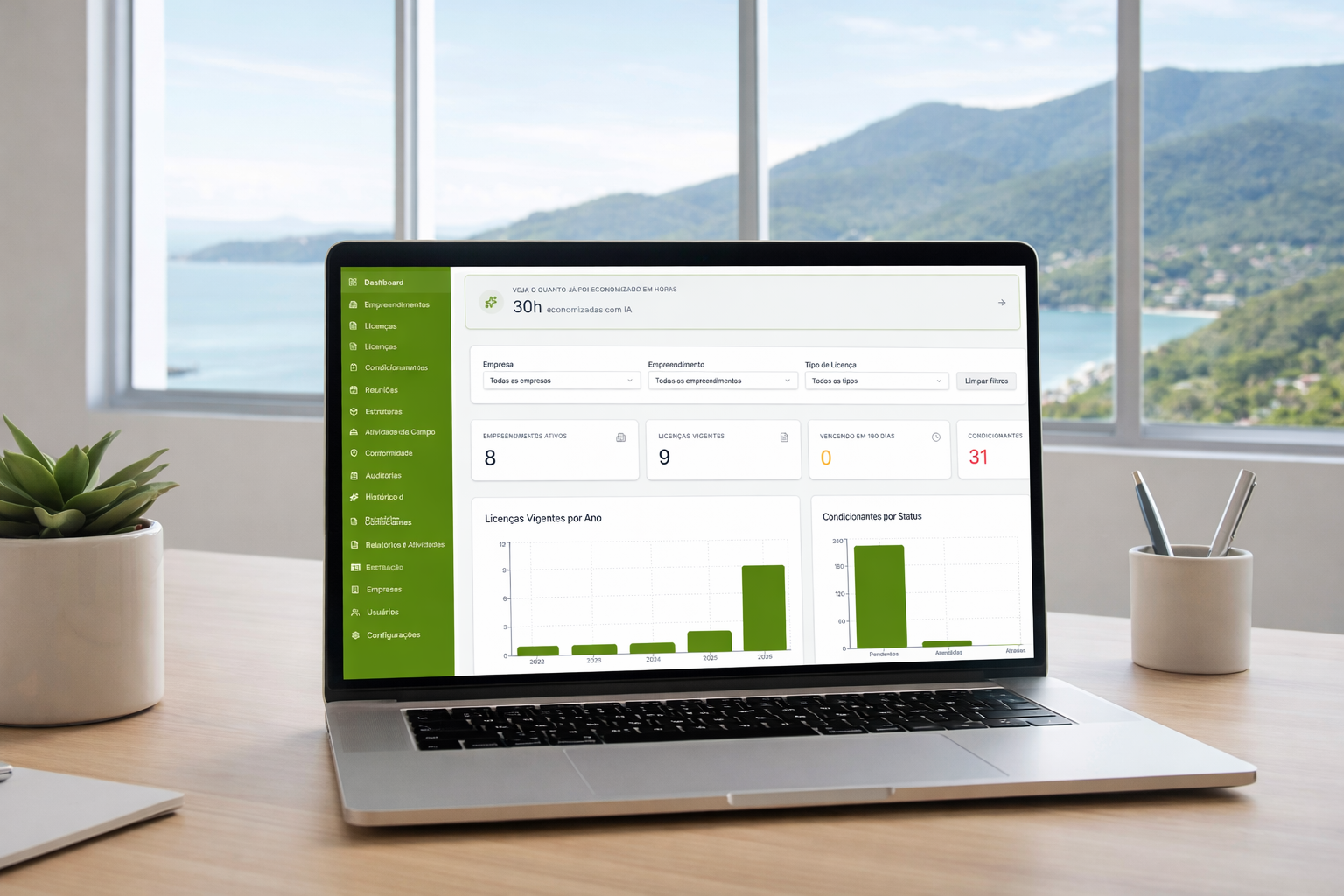 Dashboard do OlivAI aberto em um laptop, com indicadores de licenças e condicionantes